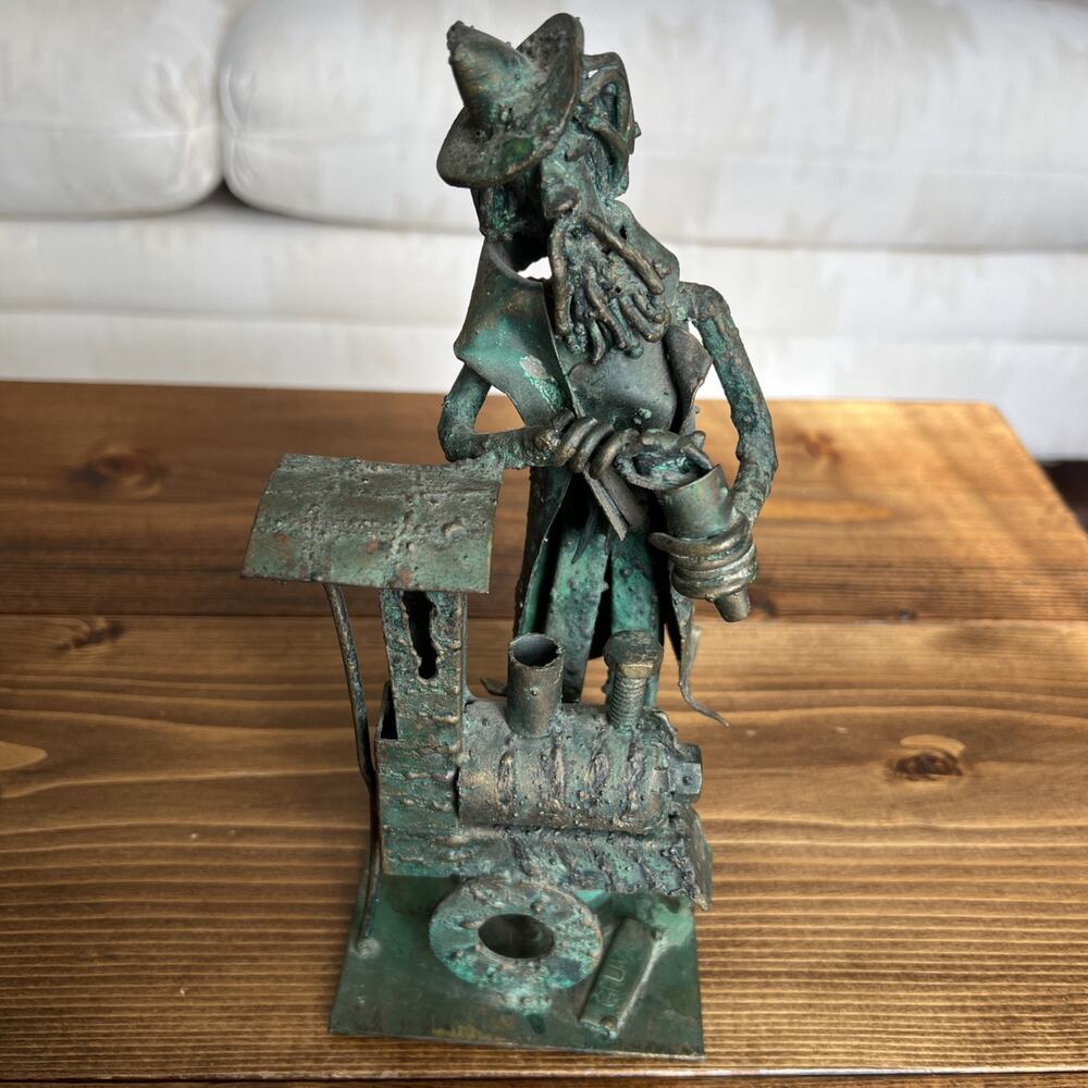 M. GRUM Signed Brass Metal Sculpture Man Fixing Machine Locomotive Rustic Folk